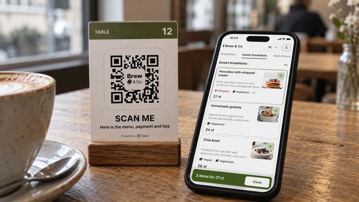 Telefon z menu inspirowanym iTasty obok kawy i stojaka z kodem QR